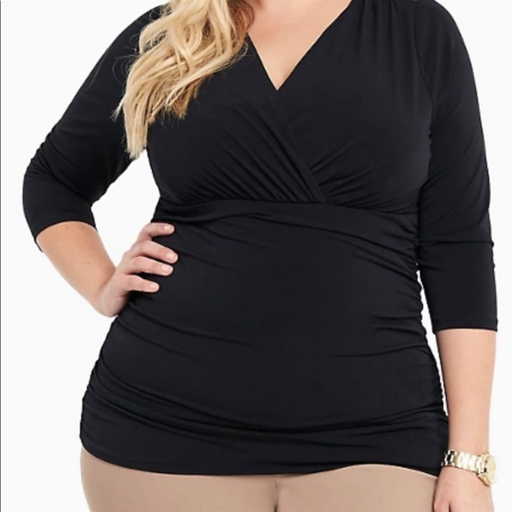 Torrid | Blouse Top Size 6X Black Lace Back Ruched 3/4 Sleeve Crossover NWT